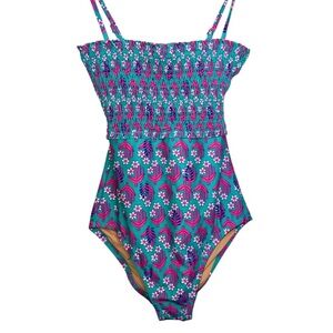 J. Crew Smocked One Piece Swimsuit Turquoise and Pink Size XS